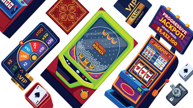 Casino Gambling Vector Set with Pachinko Bonanza Machine Progressive Jackpot Slot Wheel of Fortune Multiplier Game Screen and VIP Club Cards