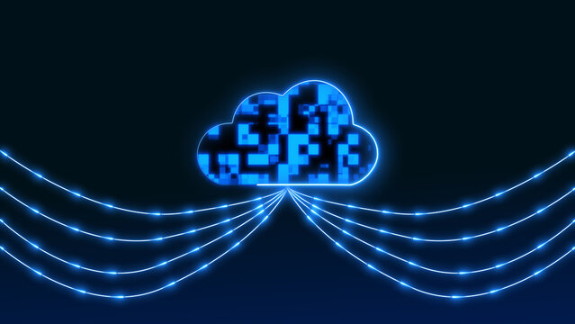 Digital cloud with data streams and connections. Digital cloud represents modern storage tech. Digital cloud background with floating information bits and networked computing services.