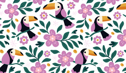 Fototapeta premium Cute toucan bird seamless pattern with tropical flowers and leaves vector illustration.