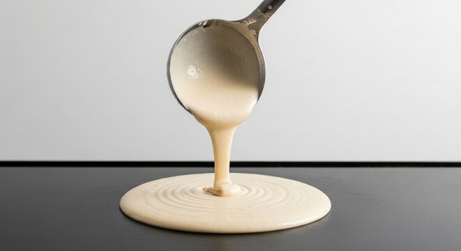 Ladle pouring liquid pancake batter onto a flat surface for cooking a breakfast meal.