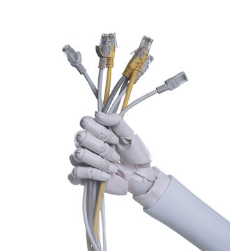 Robot hand holding a bunch of ethernet lan cables isolated on white background.