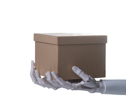 Robot hand holding cardboard box isolated on white background.