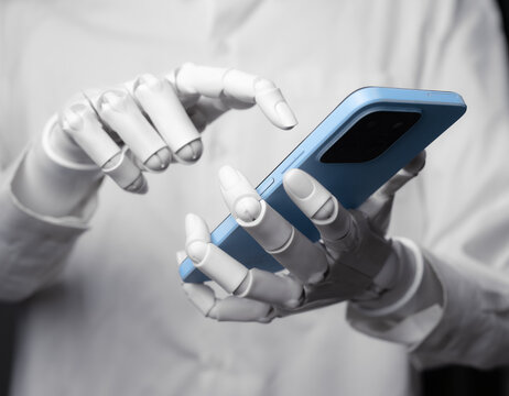 Robot hands using a blue smartphone device on dark gray background.