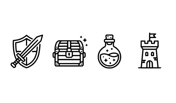 Medieval Fantasy RPG Game Assets Line Icon Set Featuring Sword Shield Treasure Chest Magic Potion Flask and Castle Tower for Gaming UI Design