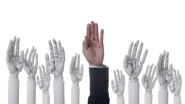 Human hand raised among group of white robot hands on white background