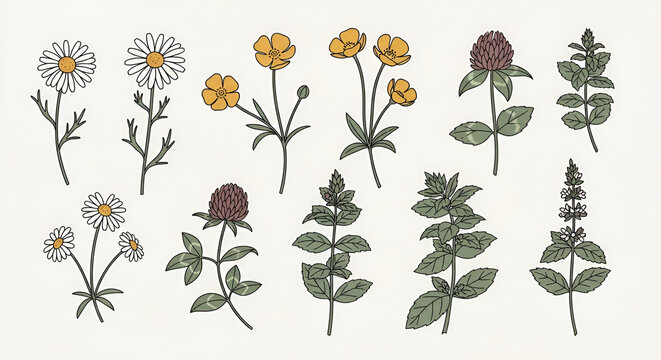 Hand drawn botanical illustration set of vintage wildflowers herbs daisies clover buttercups and mint leaves on white background