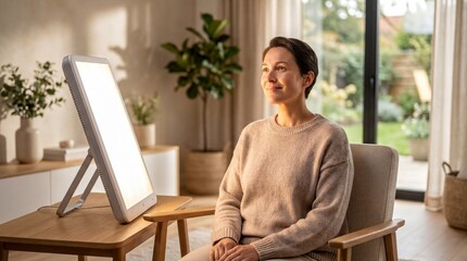 Fototapeta premium wellness practices, individual experiencing light therapy with a hopeful expression in a serene setting
