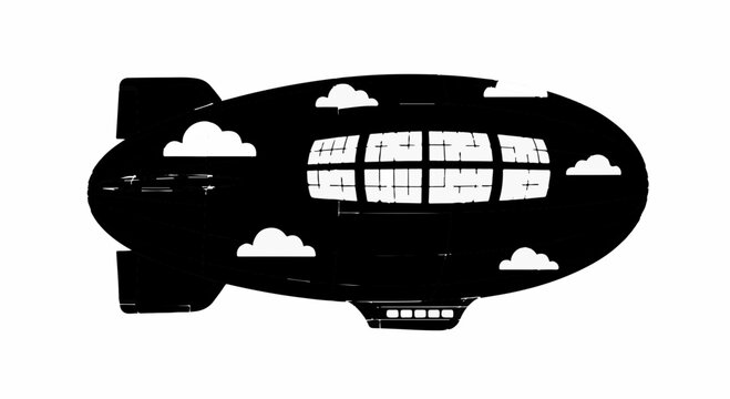 Whimsical silhouette of a blimp soaring through fluffy clouds on a bright day.