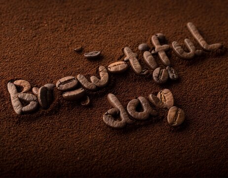 "Brewtiful day" text made of roasted coffee beans on dark espresso powder background, macro photography, top view.