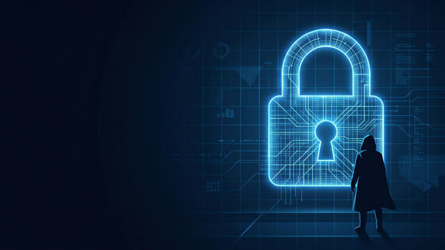 Glowing Cyan Padlock Grid Guarding Figure Toward Digital Trust Perfect for cybersecurity advertising and technology background design