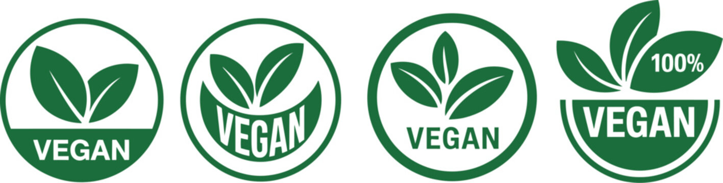 Vegan food badge set, organic bio logos ecological labels and green leaf signs isolated on white background for natural product branding and packaging.