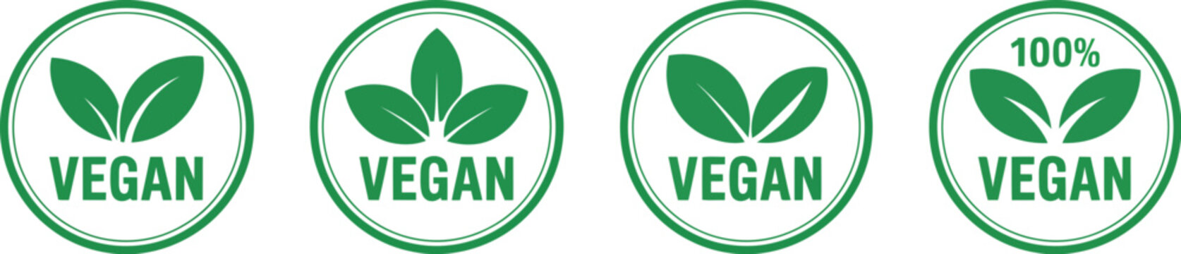 Vegan food icons set, bio ecology organic badges logos labels and tags with green leaf symbols isolated on white background for sustainable food packaging.