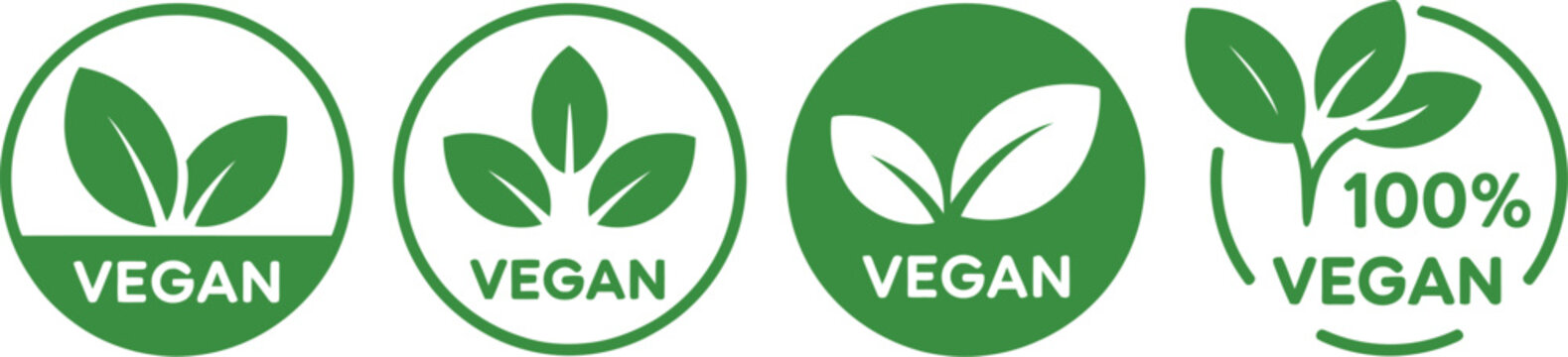 Vegan food labels set, organic certification badges bio ecology logos and green leaf tags isolated on white background for healthy food branding.