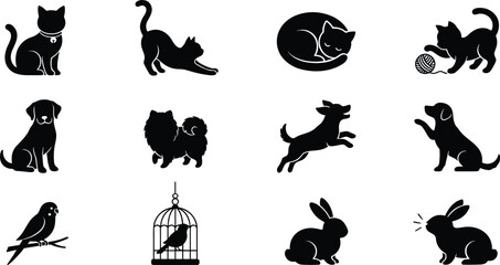 Plakat Set of black silhouette icons featuring various popular domestic pets including cats, dogs, birds, and rabbits for animal-related design projects.