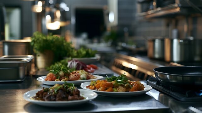 A professional kitchen workspace featuring fresh ingredients and essential culinary tools emphasizing careful prepa n and gourmet cooking