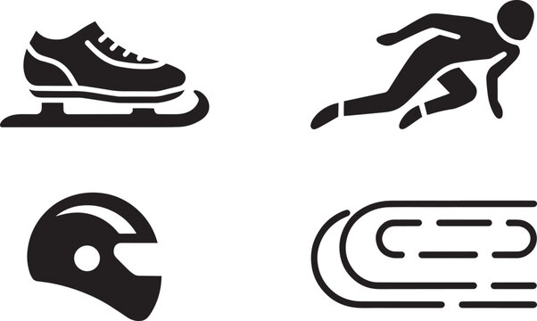 Speed skating icons set in minimalist black silhouette style on white background for sports equipment