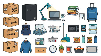 Fototapeta premium College dorm moving essentials and supplies illustration