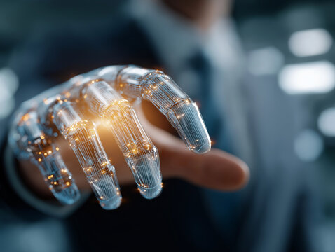 Future handshake: A person in a suit extends a robotic hand, symbolizing technological advancement and collaboration between humans and artificial intelligence.