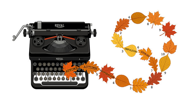 Vintage typewriter with autumn leaves forming a story circle