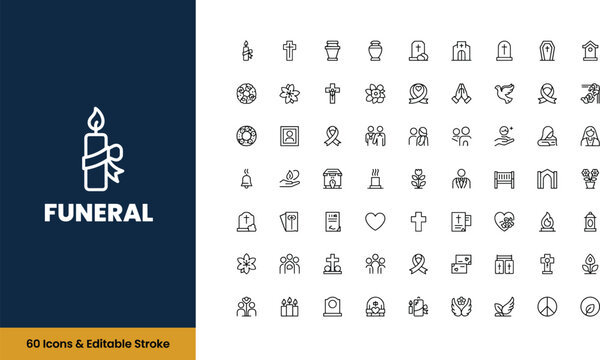 Funeral Line Icon Collection Featuring Memorial, Cemetery, Coffin, Mourning, Religious Symbols and Editable Stroke Outline Vector Icon Set