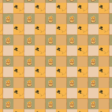 Honeybee and Honey Jar Checkerboard Seamless Pattern