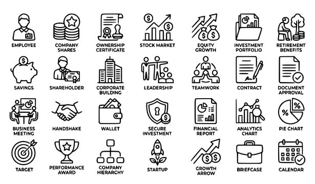 Professional ESOP Thin Line Vector Icons for Employee Stock Ownership Corporate Plans and Finance