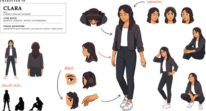 Female Character Turnaround Sheet with Facial Expressions, Poses, Hand Details and Animation Reference Flat Vector Illustration Design Pack