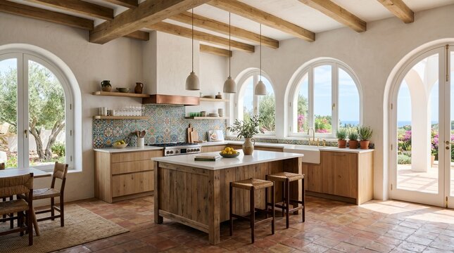 Bright Mediterranean kitchen design with colorful patterned tile backsplash and rustic wooden cabinets and arched windows