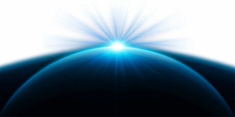 Blue Planet Earth in Space with Sunrise Sunlight Stars Atmospheric Horizon and Glowing Universe Background Illustration © GREENPIXEL Art