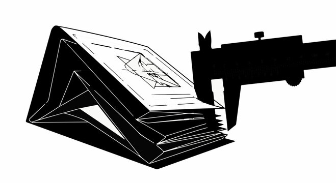 Measuring the thickness of a folded book with a caliper, symbolizing precision and analysis.