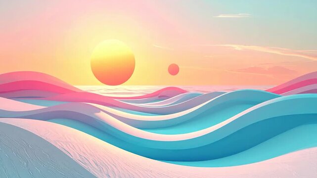 A stylized ocean landscape with layered waves, sun, and pastel colored sky