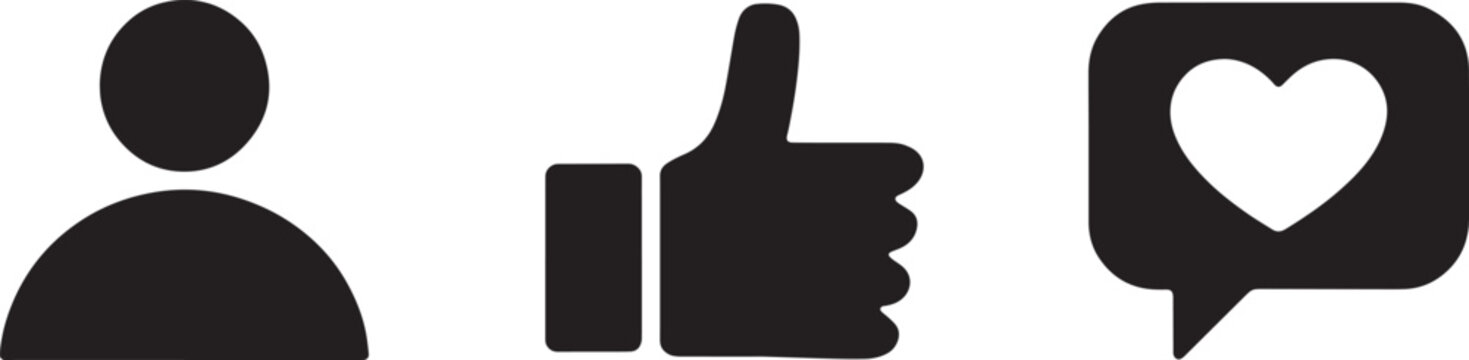 User engagement icons feature a profile silhouette and social media feedback symbols for digital platforms.