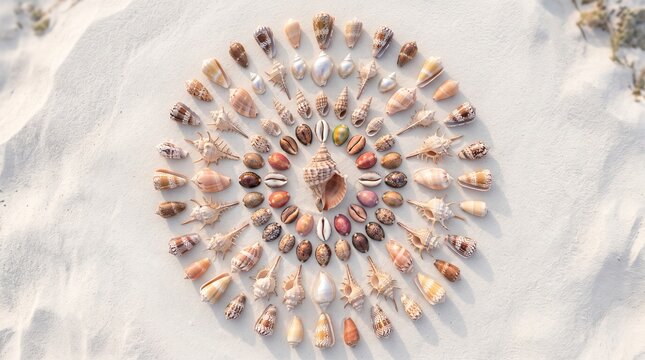 Top view of beautiful sea shells arranged in a perfect circular mandala pattern on white sand beach