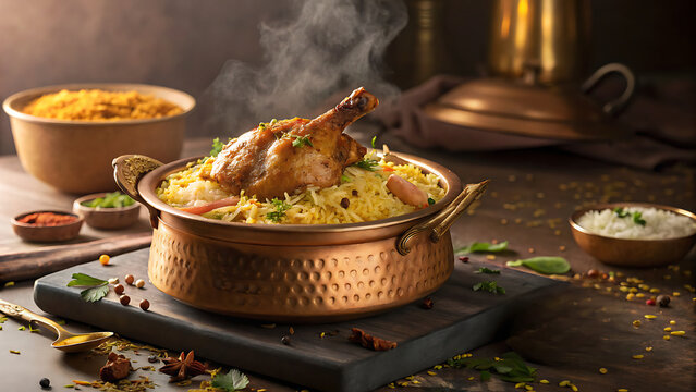 Chicken Biryani in a brass pot with saffron rice, luxury Indian food poster, floating spices, warm golden lighting, premium restaurant campaign