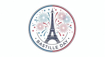 Minimal Bastille Day Badge with Eiffel Tower and Fireworks Celebrating France National Day and French Heritage