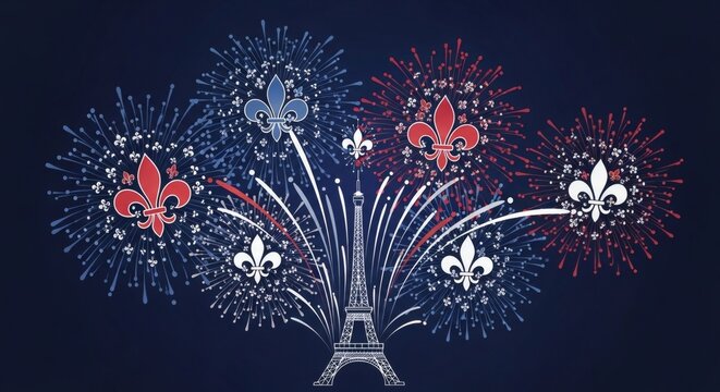 Elegant Bastille Day Fireworks with Fleur de Lis Symbols Celebrating French Heritage and National Pride