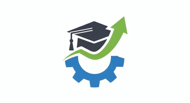  Modern Graduation Logo with Gear, Cap and Upward Arrow Representing Education, Career Growth and Professional Success