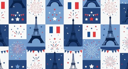 Seamless Bastille Day Pattern with Eiffel Tower, French Flags and Fireworks for France National Celebration Background