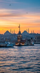 Obraz premium A serene sunset scene of a historic city skyline with a large body of water