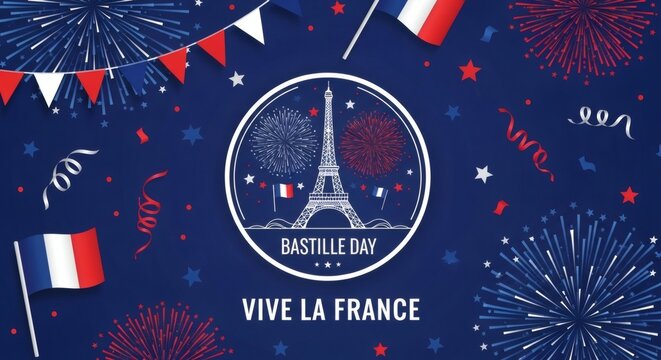 Bastille Day Poster with French Flags, Fireworks and Vive La France Text on Blue Background