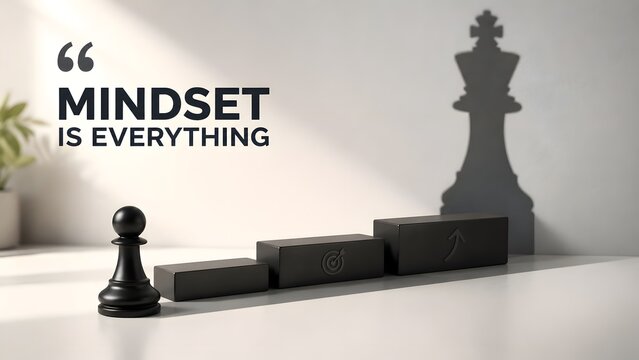 Mindset is Everything Business Strategy Concept with Chess Pawn Casting King Shadow on Dark Steps Symbolizing Leadership Potential Ambition Corporate Growth Motivation and Professional Excellence
