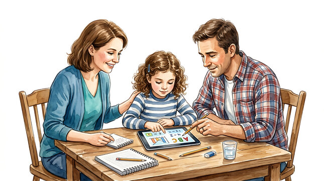 Parents helping their young daughter with homework on a tablet device at a wooden table in a cozy home environment