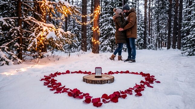 romantic proposal ideas, a romantic winter proposal with rose petals, fairy lights, and a ring box in a snowy forest clearing