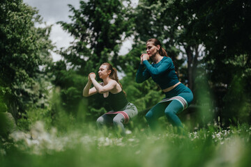 Fototapeta premium Two women perform resistance band squats while training outdoors in a park. They exercise together in active wear focusing on lower-body strength and form.