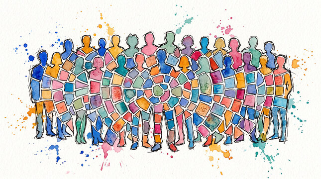 Colorful watercolor ink mosaic tiles forming team silhouette, representing HR collective team identity, unity in diversity, organizational culture and belonging concept