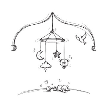 Baby mobile with crescent moon star and teddy bear sketch on white background