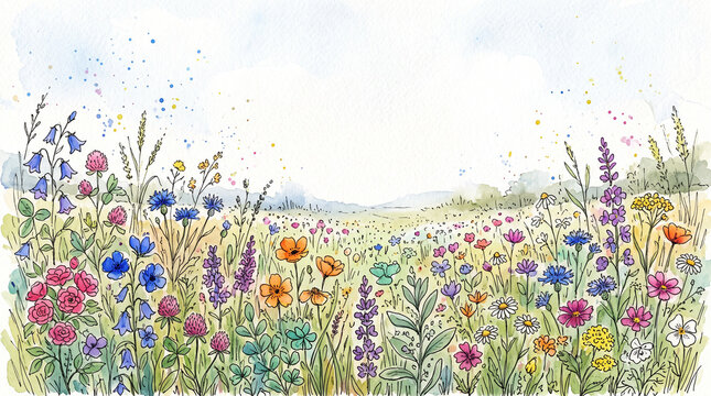 Colorful watercolor ink wildflower meadow with diverse blooms, representing natural diversity, inclusion, beauty in variety and organic multicultural community concept