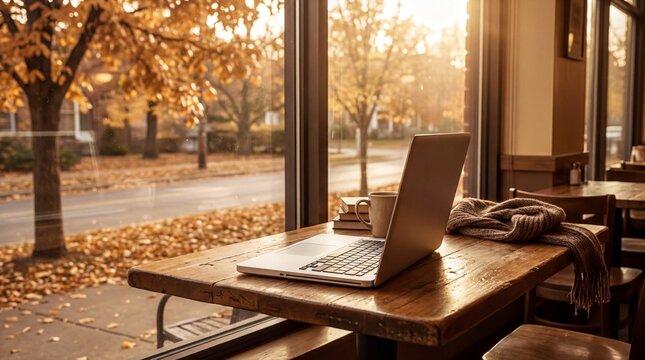 cozy cafe vibes, a cozy cafe table by a window, bathed in warm autumn sunlight