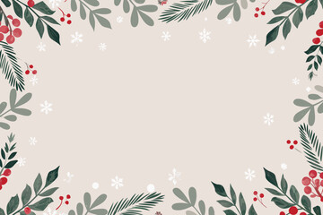 Holly and berry floral ornament with snowflakes on a beige background © Tasnim