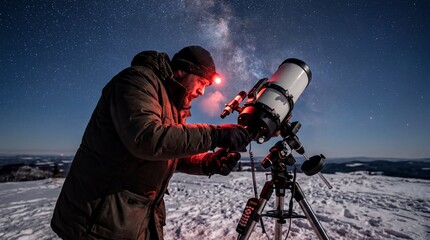 Fototapeta premium stargazing enthusiast, an amateur astronomer adjusts a telescope on a snowy hill under stars